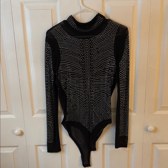 Amazon Essentials Tops - Black Long Sleeve Studded mesh Bodysuit